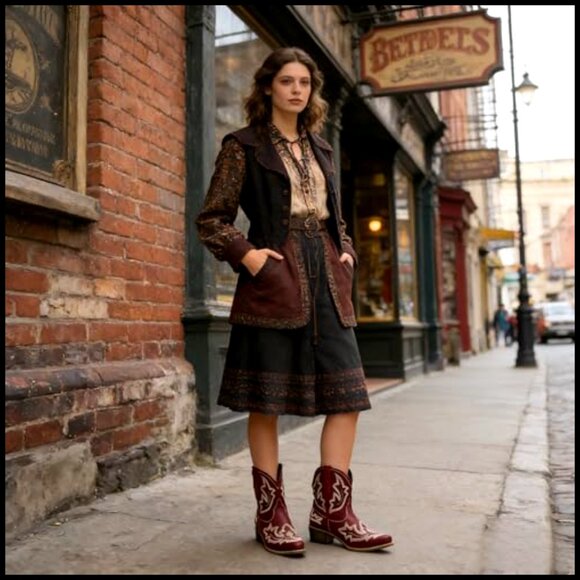 Women's Ankle Booties Pointed Toe Low Chunky Heel Embroidered Western - Picture 3 of 7